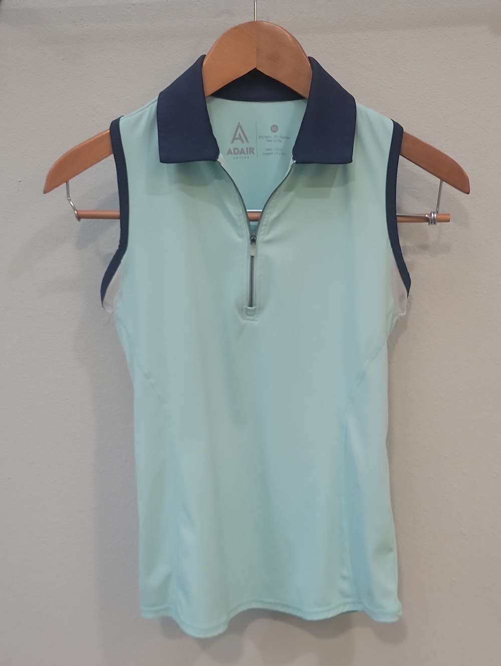 Adair Mint Sleeveless Zip-Front Polo Tank with Navy Trim